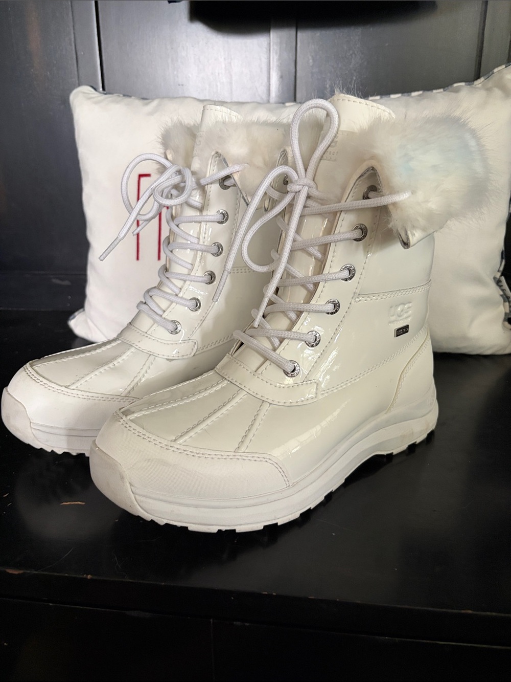UGG Adirondack III Patent White Leather Waterproof Winter Boots with Faux Fur